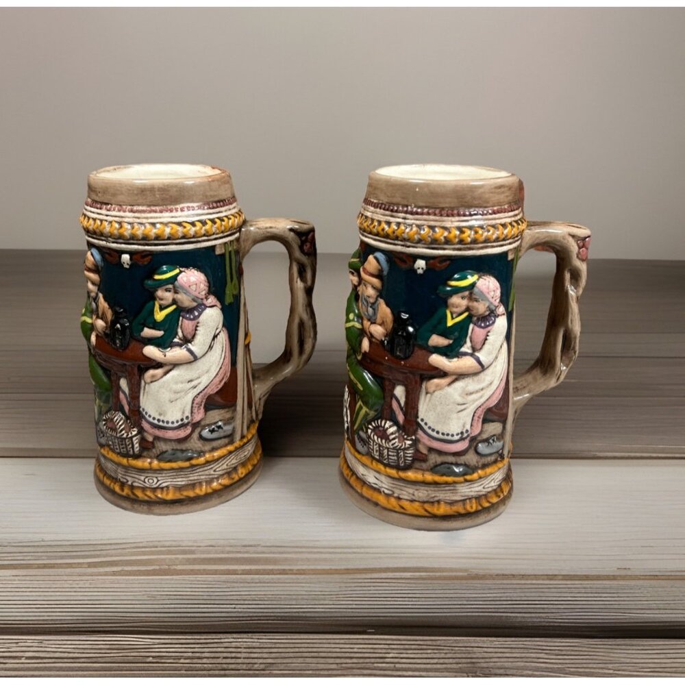 Set of 2 Vintage 7” Tall German Beer Stein Mugs Hand Painted 1975 Tavern Scene
